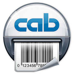 Logo von cab mit einem Barcode-Etikett, das aus einem Drucker ausgegeben wird.
