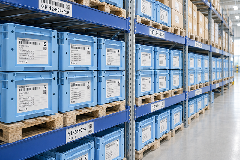 Behälterkennzeichnung mit Etiketten auf blauen Lagerboxen und KLT-Behältern in einem Hochregal zur klaren Identifikation und Kommissionierung im Lager.