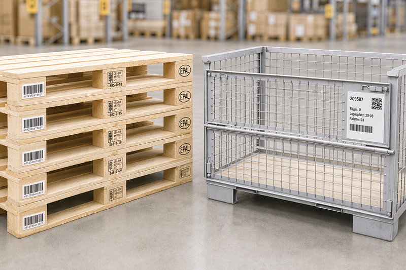 Palettenkennzeichnung und Gitterboxkennzeichnung mit Etiketten auf Holzpaletten und Metall-Gitterbox zur eindeutigen Identifikation und Rückverfolgbarkeit im Lager.
