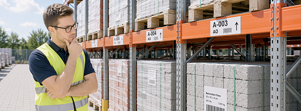 Lagerumgebung mit Regalen und gekennzeichneten Paletten sowie einer Person, die Beschriftungen prüft – passend zum Thema Kennzeichnung in der Logistik und häufige Fragen.