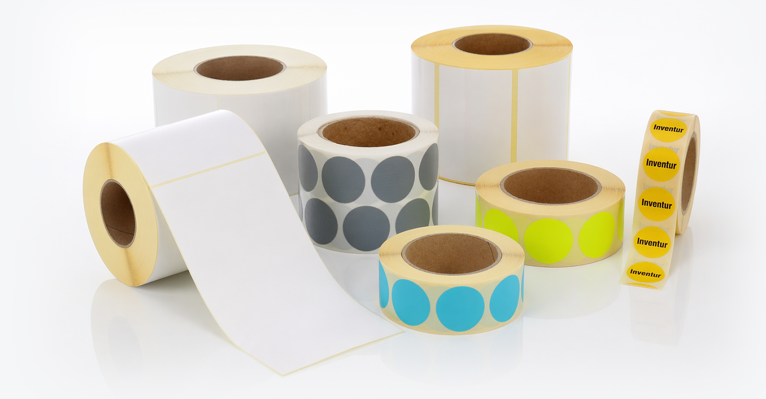 Verschiedene Blanko-Lageretiketten auf Rollen für die flexible Lagerkennzeichnung nach Bedarf und den schnellen Selbstdruck im Lager.