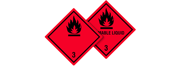 Roter Gefahrzettel der Klasse 3 mit schwarzem Flammensymbol und der Zahl 3 zur Kennzeichnung entzündbarer Flüssigkeiten wie Benzin oder Ethanol.