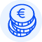 Icon mit gestapelten M&uuml;nzen und Euro-Symbol als Darstellung von kosteng&uuml;nstig produzierten Etiketten und Mengenvorteilen im Logistikbereich.