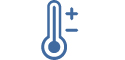 Symbol eines Thermometers mit Plus- und Minuszeichen, das temperaturfeste Etiketten darstellt, die sowohl bei Minusgraden verklebt als auch bei Hitze best&auml;ndig sind.